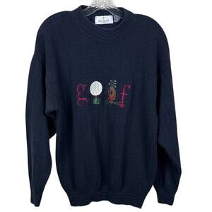 VTG 90s Bill Blass Golf Sweater Mens XL Navy Blue Cotton Embroidered Grandpacore